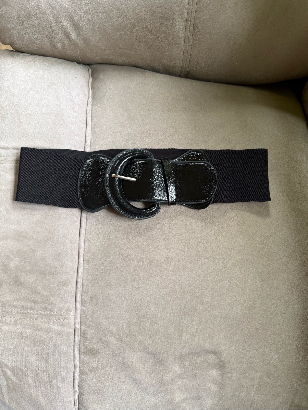 Vintage Y2K Black Elastic Waist Belt with Patent Leather Double-Ring Buckle